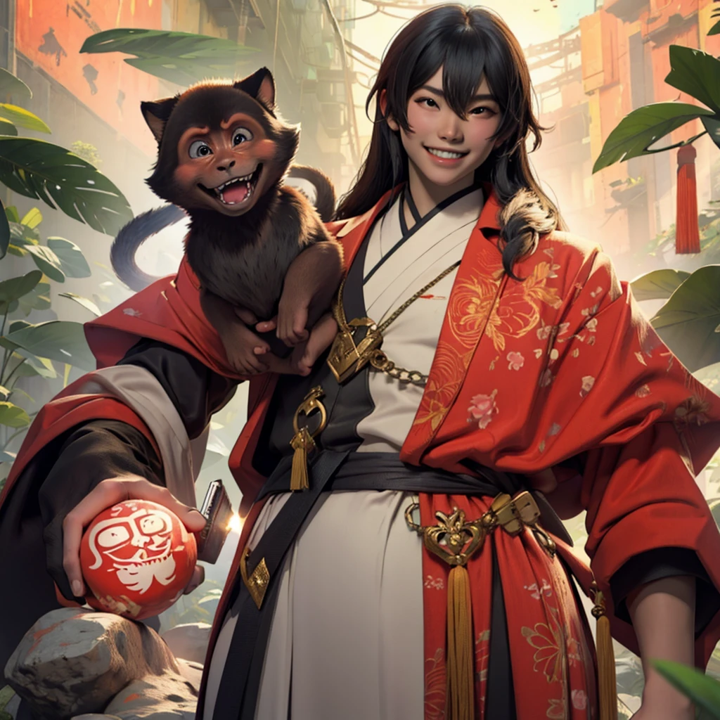 ho-kong, half human Front and smiling with details, a single being