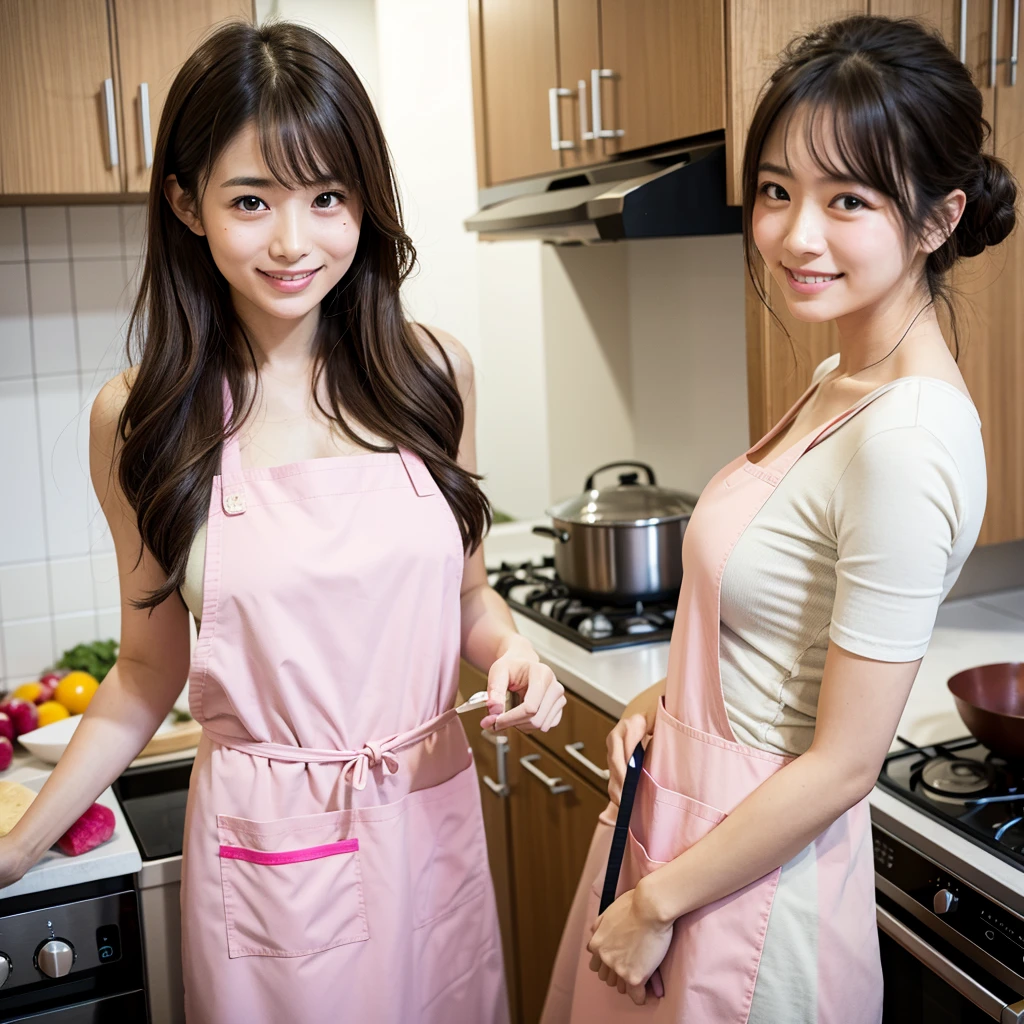 Highest quality,a girl, one girl,solo focus,raw photo,bloom,4K,8K,Realistic,Japanese women,一人のJapanese women,30 years old,Clear,seems kind,Beautiful eyes,Calm,smile,smaile,teeth,lomg brown hair,,Large Breasts,healthy,positive,Very detailed,Wearing a pink apron,Background is cooking,kitchen,one girl