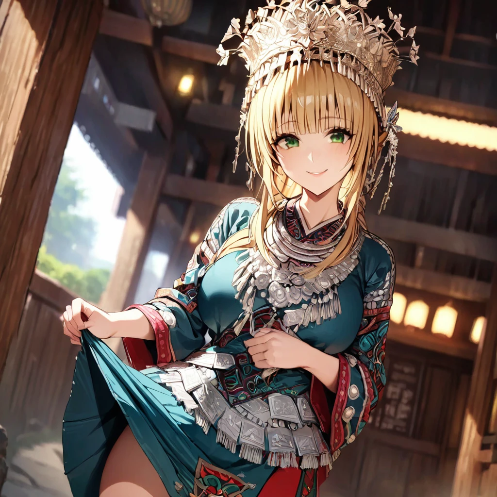 ((Highest quality)), ((masterpiece)), (detailed), (Perfect Face)、The woman is a Tier, with green eyes, medium blonde hair, ethnic medicine and a gorgeous hat.、Smiling with a gentle smile、The woman lifts the hem of her skirt a little to show off her outfit.