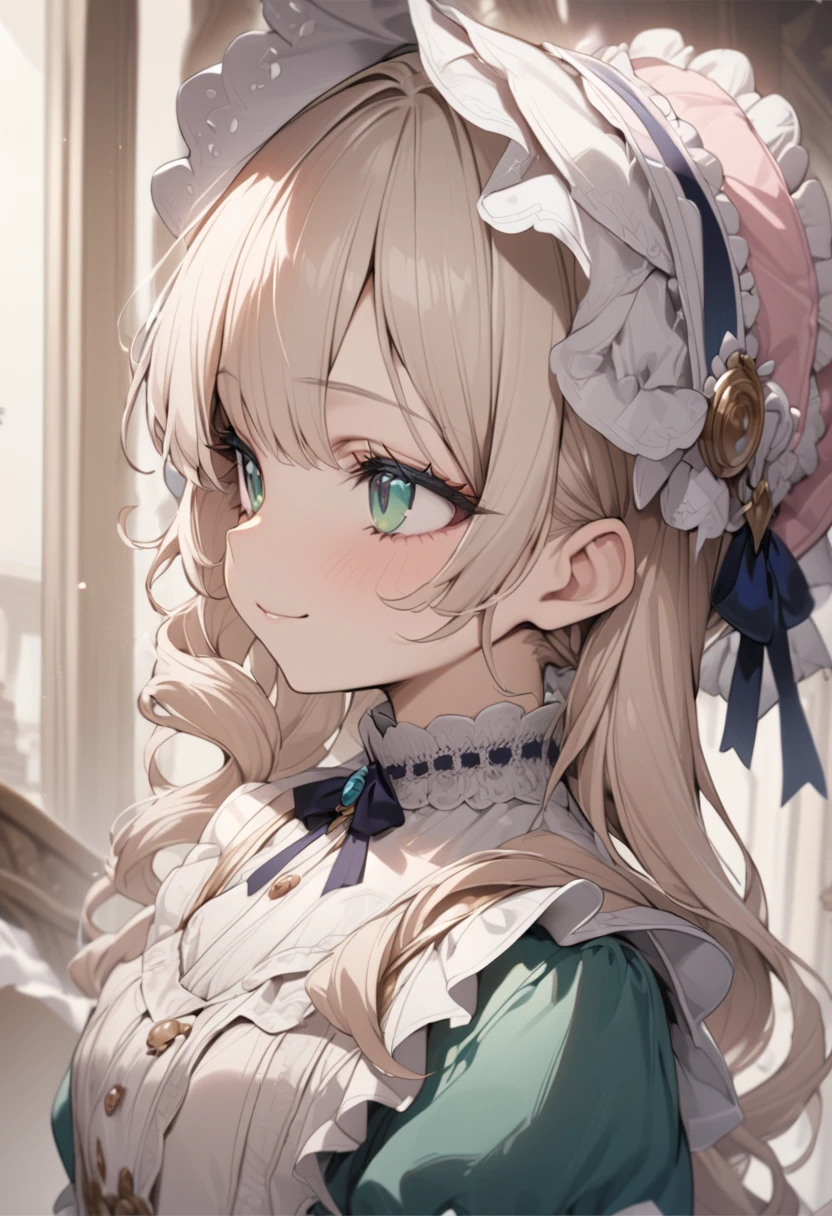 Platinum Blonde hair,sidecurls,curls,emerald green eyes,long eyelashes,(light pink victorian dress),puffy short sleeves,frilled dress,frilly wide brimmed Bonnet with bows,bustshot,masterpiece,highress,soft smile,bishoujo,peterpan collar,profile,white accents,white trim,white frills,sidelock