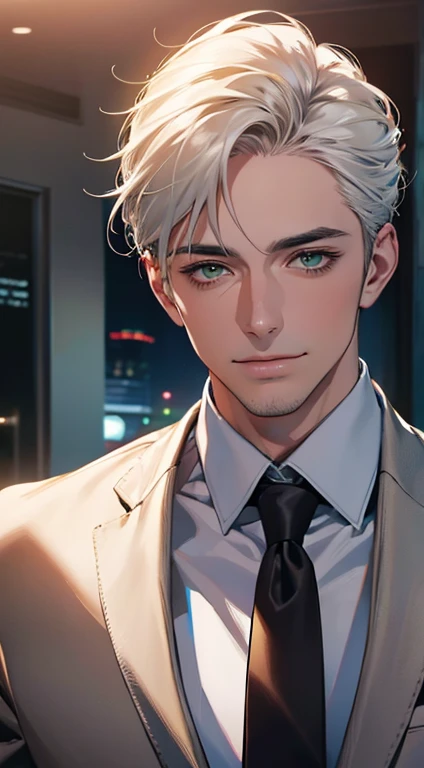 (Highest quality,4K,8K,High resolution,masterpiece:1.2),Super detailed,(Realistic,photoRealistic,photo-Realistic:1.37),1 person,34 years old,Mature Men,Beautiful skin、very handsome,Expressionless smile in love,Short white hair,green eyes,Sharp Eyes,A perfect face without a doubt,Businessman, CEO, Office Background,Cinema Lighting,HDR image,tie、