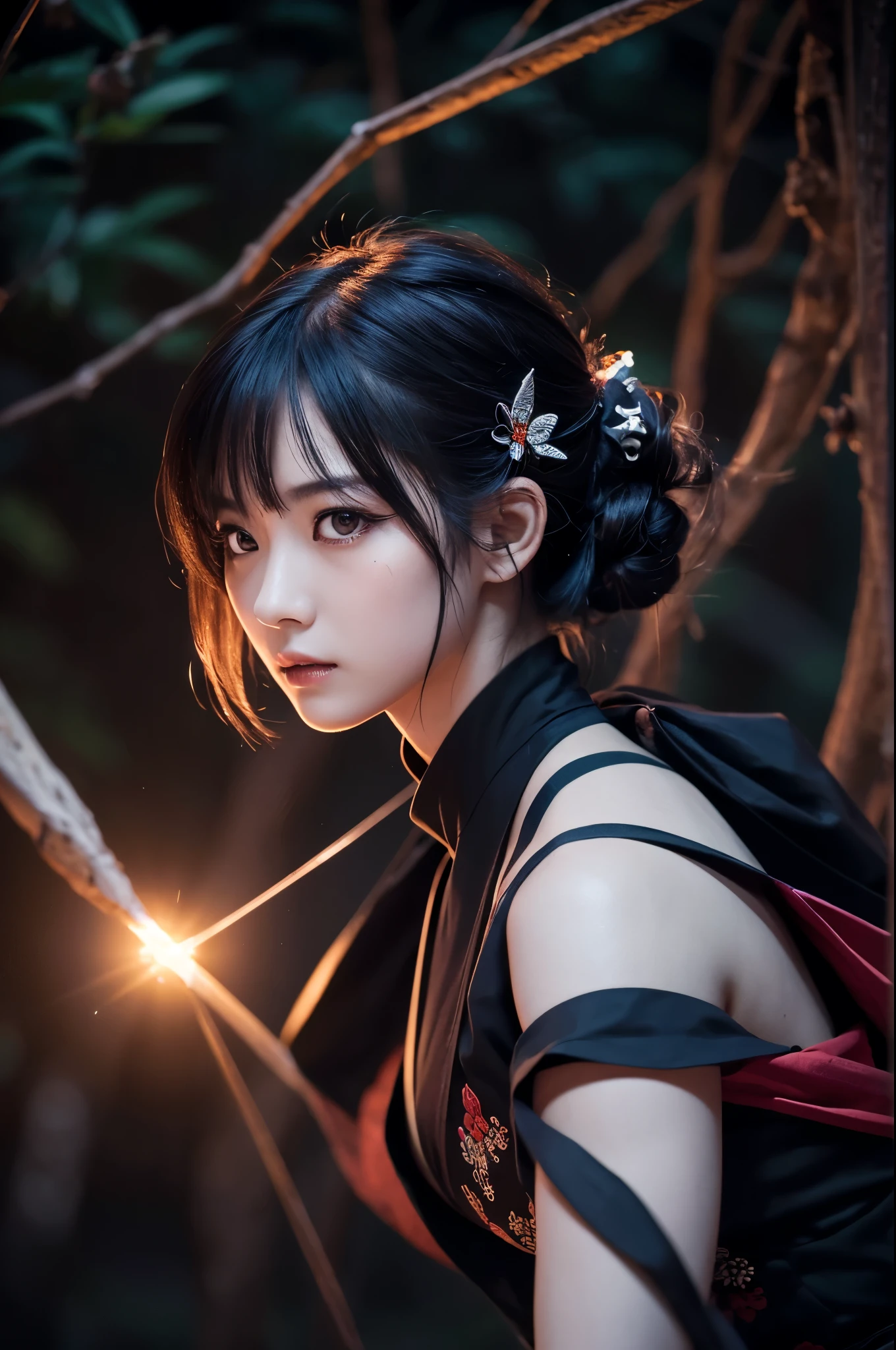 8K,Women in traditional Japanese costumes fighting,(Dark Shot:1.4), 80mm, (Dark Shot:1.4), 80mm, A magnificent reality, Big eyes,Black short bob hair,Black and purple butterfly hair ornament,Black kimono and red obi,Black and purple butterfly pattern(Intricate butterfly embroidery),Purple eyes(Purple Effect),mat, art,Horror movie lights, Photo Lab, High resolution, 複雑で非常にdetailed, (Depth of written border:1.4), (Dark Shot:1.22), (artステーション:1.2), 超detailedな, dramatic, Intricate details, (Technicolor:0.9), (Rutkowski:0.8), Like a horror movie, detailed, Soft Light, sharp, Exposure Blending, Medium Shot, (Noir:0.4), horror light,sharp, Exposure Blending、Medium Shot,Photorealistic RAW photos of the highest quality。Backlight, Cinema Lighting, Film Grain, to be born, 50mm lens, Nikon D850,Realistic Skin,ファンタジーart,キャラクターart,超High resolution,Muscular and slim body,in the forest,super Realistic Skin,Late Night,Underworld demon makeup,Demon Makeup,Battle Scenes,Action Scenes,Action pose,激しいAction pose,fierce fighting,Holding a dagger,Acrobatic pose,Fighting Style,flower,