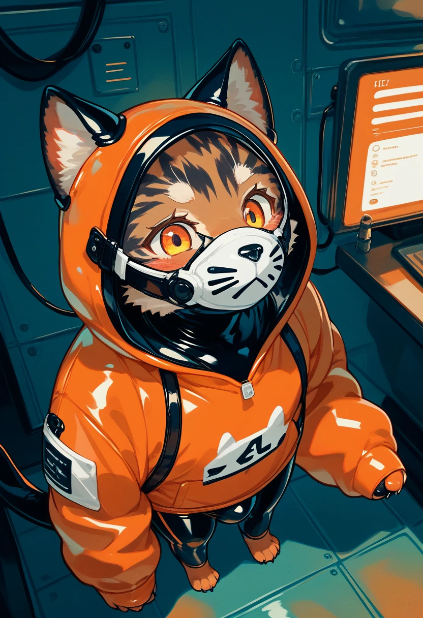 Highest quality, Highest quality, High quality illustrations, masterpiece, Ultra-high resolution, Detailed Background, Games Room, Absurd, Perfect Anatomy, performance, Good lighting, Shadows in the movies(kemono, Furry PersonifiCation), Cat, Dark Skin, Rubber suit, Rubber suit, latex, neon, neonライト, neonカラー, Rubber spats, Orange rubber hoodie, Rubber mask, ribbon, Embarrassing, Null bulge, male, juvenile, from above