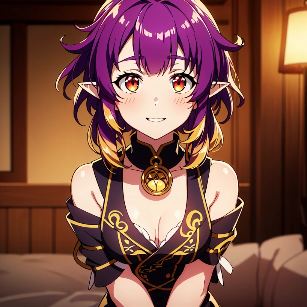 (short:1.4), ((sherry:1.6)), official anime artwork, official artwork, anime moe artstyle, dreamy psychedelic anime, anime wallaper, anime visual of a cute girl, official art, fanart, masterpiece, best quality, high resolution, 8K, 4K, looking at viewer, smile edgYSD, collar, (purple hair:1.4), multiple ahoge, (dark red-gold eyes:1.2), gold eye accent, (hair_ornament:1.4), twin-tails, hair_tie, 1 girl, young female, beautiful nose, beautiful character design, perfect eyes, perfect face, expressive eyes, perfect lighting, shiny skin, nsfw, flushed skin, blushing face, lewd smile, slightly open mouth, gravure, pinup, long thin pointy ears, japanese skin, (solid colors:1.4), lidded eyes, dark red-gold eyes, (sherry)