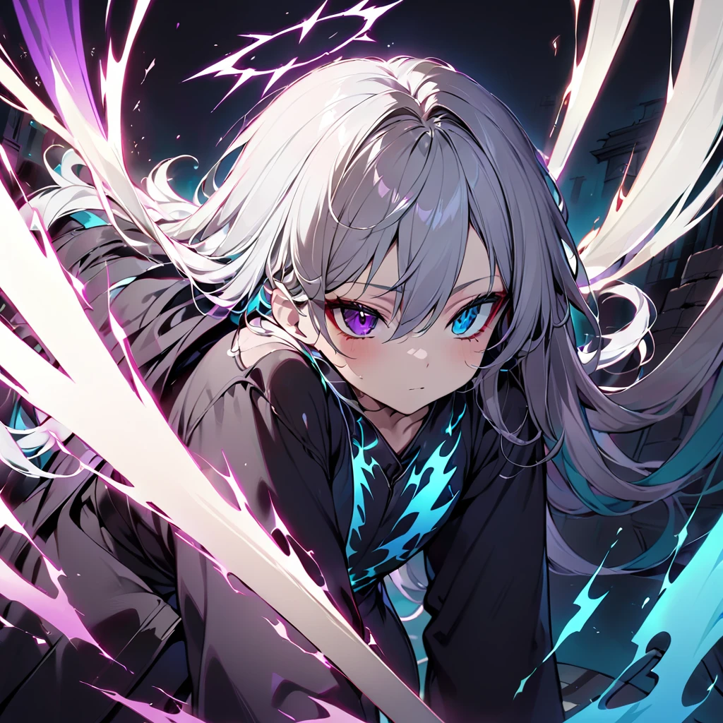 elementary, Shadow Surrounding Girl, lightning, Green Aura, Red aura, Purple aura, Flames surrounding the girl, masterpiece, Dark Theme, Highest quality, Maximum details, Very fine eye, Professional coloring, cinematic lightning, Remaining, Written boundary depth, Backlight, One Girl, Young girl, Silver Hair, Long Hair, Hair between the eyes, Black Halo, Shining blue sea, Blue Flame, Large, black, translucent magical wings on his back, Fantasy-inspired costumes, Black long coat, shirt, Black trousers, Expressionless, Heterochromia iridis, Deep purple left eye, Blue right eye, Odd Eye, Show a close-up of your face, Facing forward, Countless magical swords are floating, Slashing Effects, Hall々Stand with