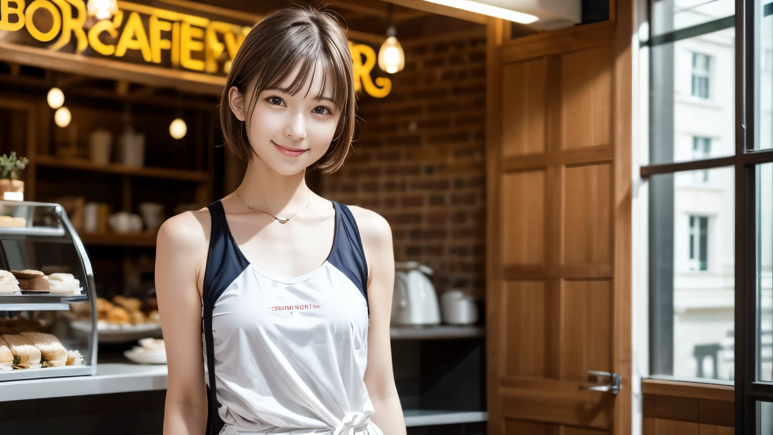super high quality, Slenderのネックレス, Slender, Gravure photoshoot, The staff is working at the counter in the back., (8K、RAW Photos、Highest quality、masterpiece:1.2), Japanese Idol, Sportswear, Stylish café, The cafe is crowded with people enjoying themselves., (Realistic、Photorealistic:1.37), Mesh Hair, Urban Cafe, Golden Ratio, Raw photo, Cute face , Light Brown Hair, Small breasts, Bright cafe interior, Summer clothes, Cafe Terrace, Open Cafe, A kind smile, Hair blowing in the wind, Neat clothes, boyish, Very Short Hair, 18-year-old, younger sister, Stylish clothes,