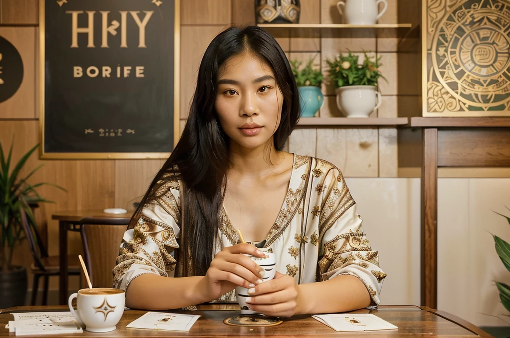 a tarot reading woman sitting at a table with tarot cards, an asian woman, mixed-race woman, a young asian woman, infp young woman, chinese artist, asian woman, mixed race woman, sitting at a table, attractive woman, young asian woman, mysterious coffee shop girl, sitting in a cafe alone, a cute young woman, 30 years old woman