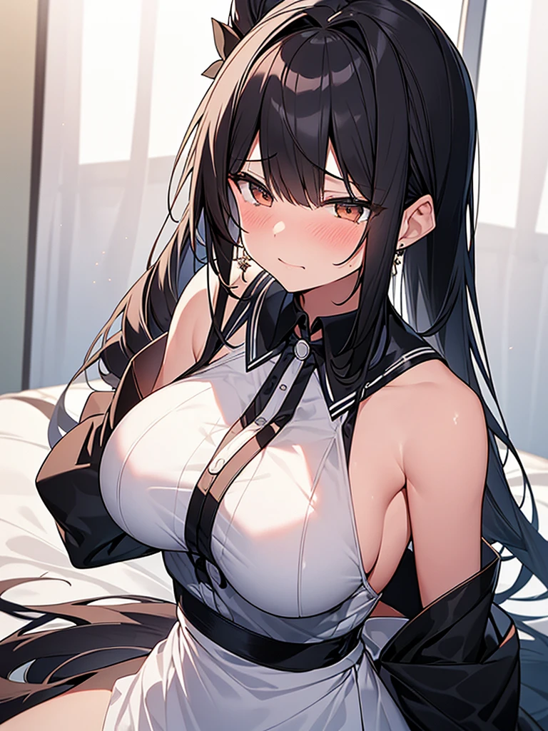 NSFW:1.3. Composition seen from above at an angle:1.3、Completely naked:1.3. Maid uniform、The young wife is a former student council president, a 28-year-old woman, having sex:1.9. Chin Chin:1.3 Tears of Despair:1.3. Blushed cheeks:1.3 Humiliation:1.3 Glaring Black Hair Long Ponytail:1.3. On the White Bed:1.3,(Slit eyes、Brown eyes、tall、Big breasts)