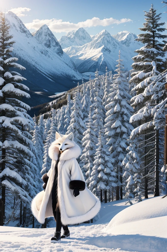 Female white anthropomorphic fox with fur and snout, with long hair dressed in a black coat in a landscape of snowy mountains in anime style 