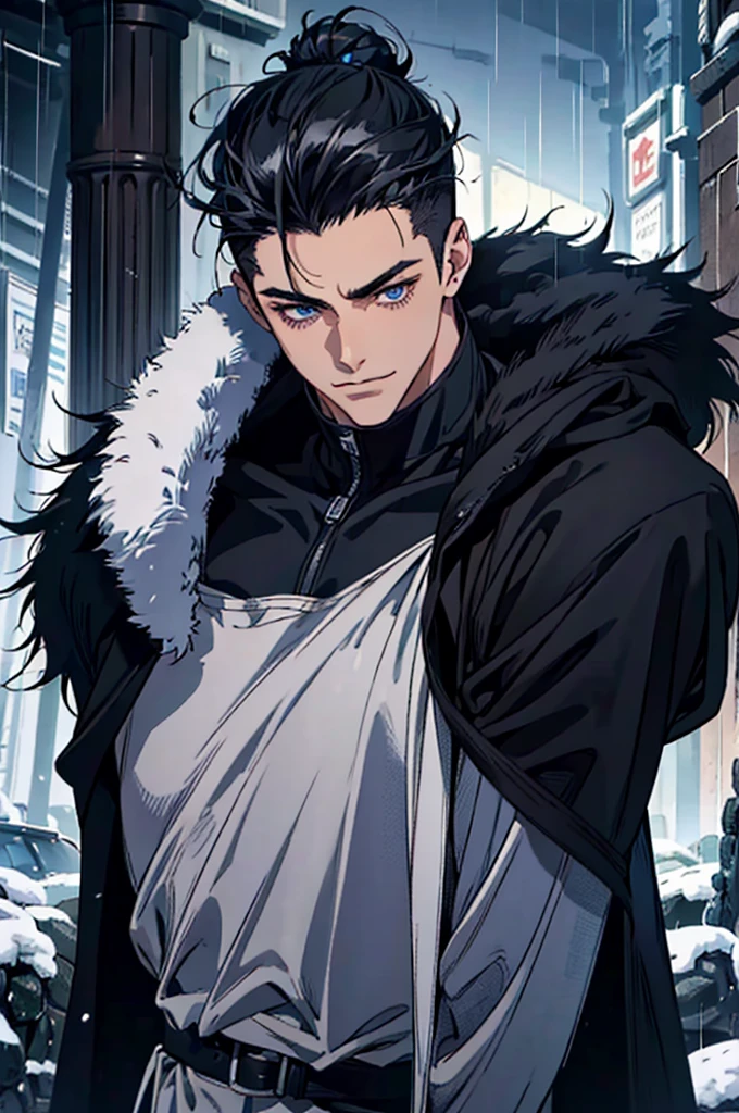 Masterpiece, Highest quality, Heavy rain, battlefield, realistic, 1 person, mature man, A quiet and charming young man, 30 years old, smile, gag, Portrait, Highly detailed face, 寒さとsmile, ((blue eyes)), ((black short hair)), [Thick eyebrows] ((black long coat)), ((all black)), (blue eyes) ,Short Black Quiff Hair with Soft Fringe, Black hair tied in a low bun, shaved on the sides, hair turned to the left of the middle, handsome. , muscle, Facial expressions, Black Knight Armor , black fur shawl(Masterpiece,best quality,special, (Broad shoulders)) (muscle), male focus,anime boy gradient anime Black hair tied in a low bun, shaved on the sides, turned to the left of center. Serious face.