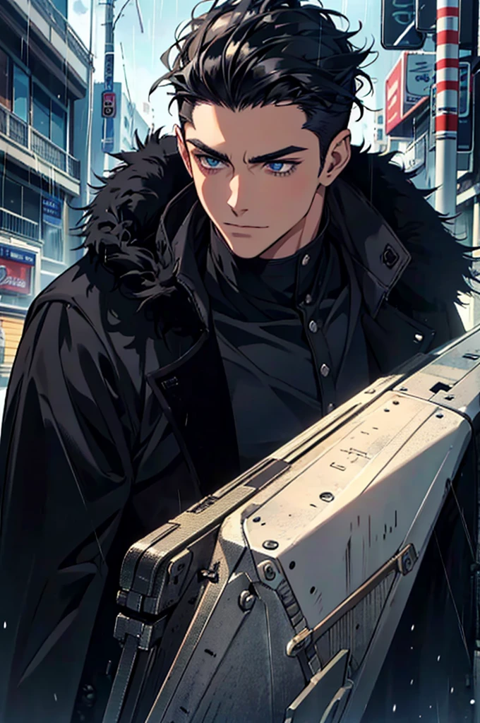 Masterpiece, Highest quality, Heavy rain, battlefield, realistic, 1 person, mature man, A quiet and charming young man, 30 years old, smile, gag, Portrait, Highly detailed face, 寒さとsmile, ((blue eyes)), ((black short hair)), [Thick eyebrows] ((black long coat)), ((all black)), (blue eyes) ,Short Black Quiff Hair with Soft Fringe, Black hair tied in a low bun, shaved on the sides, hair turned to the left of the middle, handsome. , muscle, Facial expressions, Black Knight Armor , black fur shawl(Masterpiece,best quality,special, (Broad shoulders)) (muscle), male focus,anime boy gradient anime Black hair tied in a low bun, shaved on the sides, turned to the left of center. Serious face.