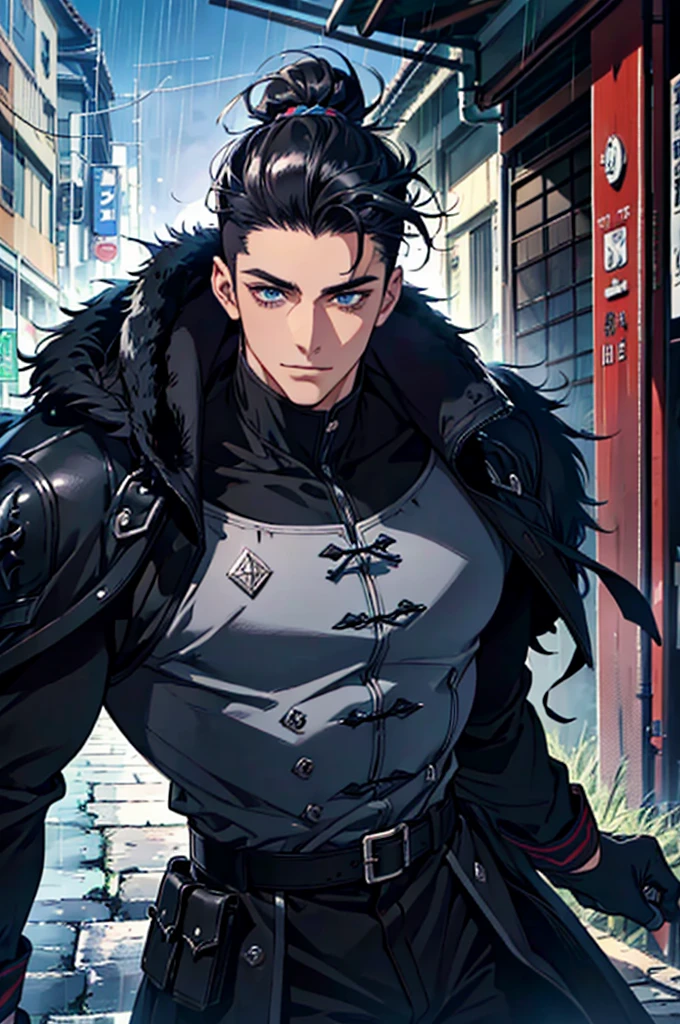 Masterpiece, Highest quality, Heavy rain, battlefield, realistic, 1 person, mature man, A quiet and charming young man, 30 years old, smile, gag, Portrait, Highly detailed face, 寒さとsmile, ((blue eyes)), ((black short hair)), [Thick eyebrows] ((black long coat)), ((all black)), (blue eyes) ,Short Black Quiff Hair with Soft Fringe, Black hair tied in a low bun, shaved on the sides, hair turned to the left of the middle, handsome. , muscle, Facial expressions, Black Knight Armor , black fur shawl(Masterpiece,best quality,special, (Broad shoulders)) (muscle), male focus,anime boy gradient anime Black hair tied in a low bun, shaved on the sides, turned to the left of center. Serious face.