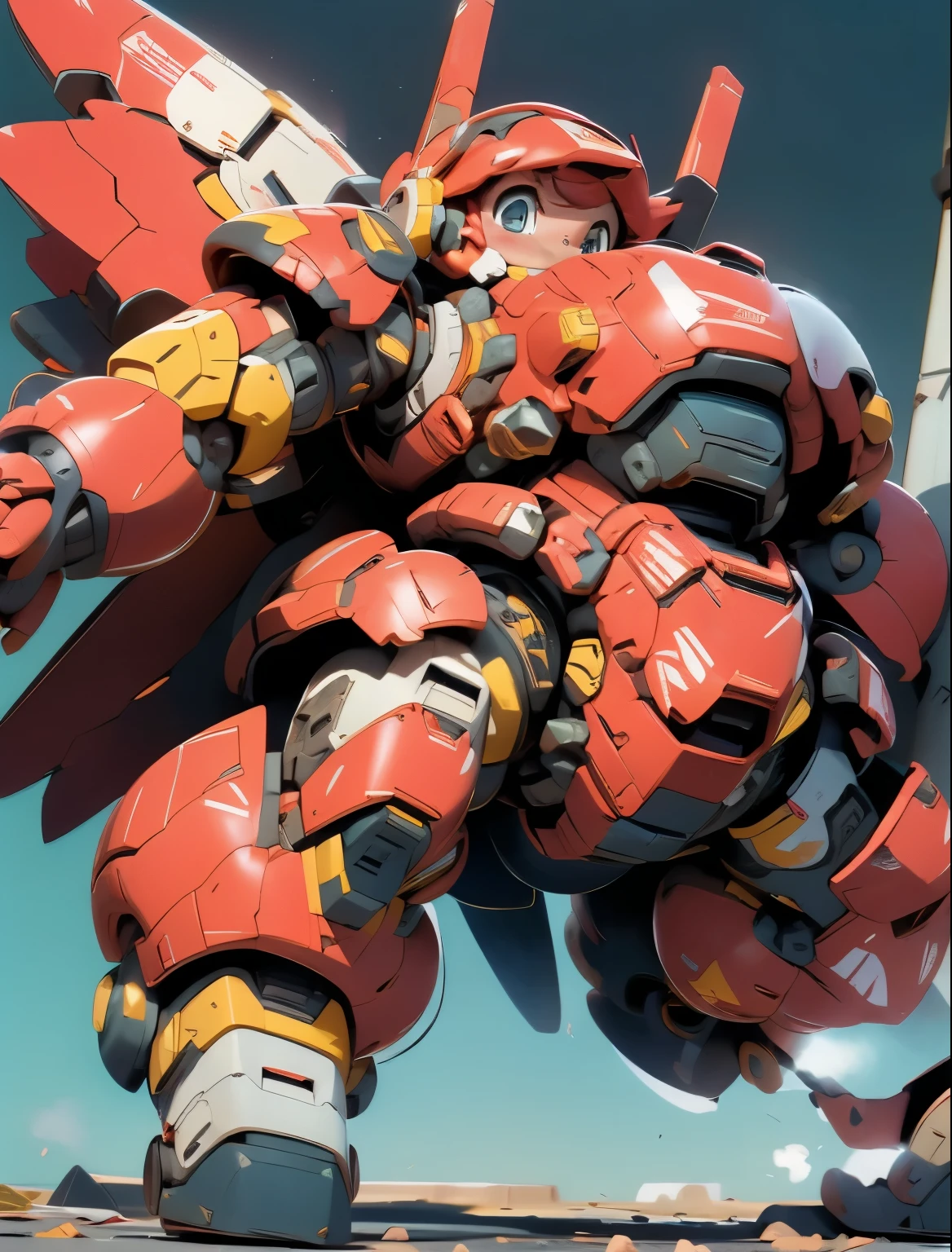 (((1 chibi girl in large red-colored robot costume, from below))), (holding weapons), (chibi), (bulky:1.8), (((helmet:1.5))), large cute face, mechanical parts, ((mechanical wings)), (full armor:1.8), (mecha armor:1.8)(shoulder guards:1.2),(huger arms), ((mechanical arms:1.5)), (short legs), (huger body:1.8), (heavy equipment:1.6), (from below), (headgear), blue sky, white clouds, robot joints, becoming a mecha, mecha, (RARS), (HRS), ROBOTANIMESTYLE, BJ_Cute_Mech,cute, girl BREAK ((masterpiece)), vibrant colors, 8k, best quality, ultra detailed illustration, ((best quality)), ((high resolution)), flawless skin textures, shiny oiled skin, extremely detailed anime eyes , extreme light and shadow