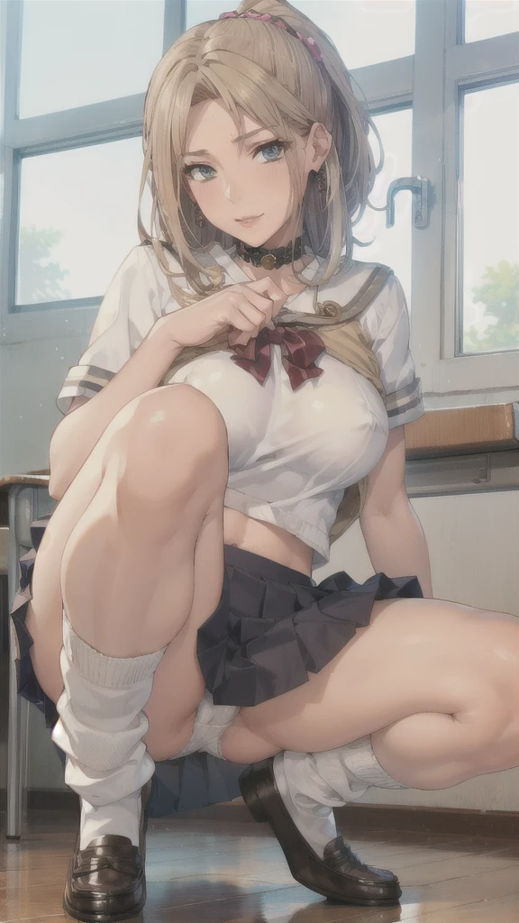 ((Correct Anatomy)),(Female student),((school uniform)),((Sailor suit)),((White lace panties)),(Mini Pleated Skirt),(((White loose socks))),((squat)),Ultra-high resolution,Mature Woman, Mature Woman, Very detailed,Sunburned skin,Brown Skin,((Beautiful feet)),(Big Breasts),((Beautiful legs)),Perfect hands, Detailed fingers, Beautiful details, ((Long blonde hair)),((ponytail)),Black Choker, Earrings,loafers,Embarrassing,Perfect Eyes, Captivating eyes,(School)