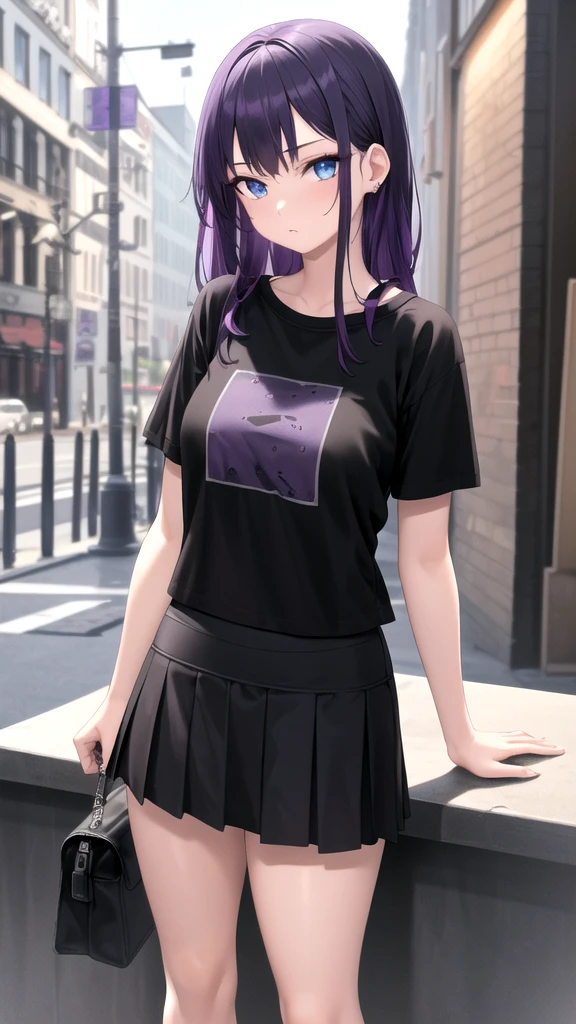 masterpiece, best quality, high quality, ,dark forsest, 1girl, solo, 19-year-old girl,female focus, looking at viewer , purple hair,black T-shirt ,black mini skirt , blue eyes, dare sky