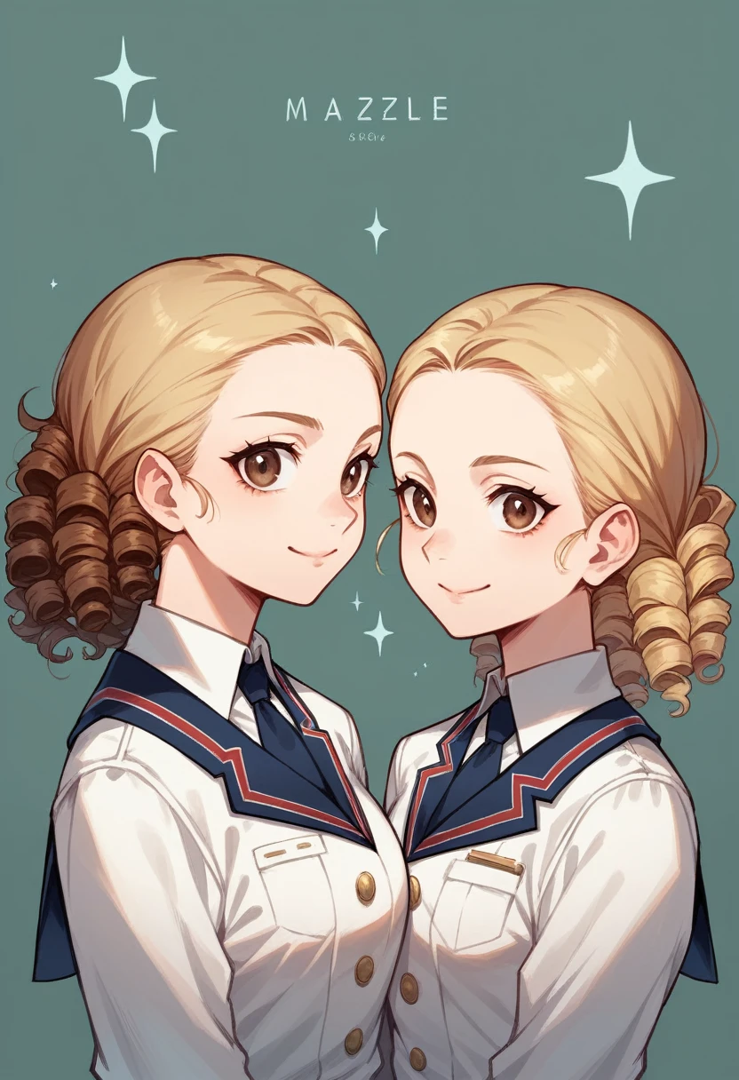 masterpiece, high quality, Multiple girls, organization, Same sisters, Blonde Hair, curls, (brown haired sisters, Blonde sisters, many sisters, Match hairstyle, different hair colors), Hazel eyes, Medium bust, ((Matching Clothing, Uniforms)), Smile, flat_color, Same height, organization pose, Back to back, full body
