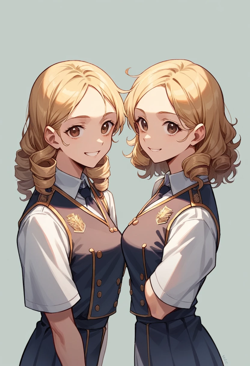 masterpiece, high quality, Multiple girls, organization, Same sisters, Blonde Hair, curls, (brown haired sisters, Blonde sisters, many sisters, Match hairstyle, different hair colors), Hazel eyes, Medium bust, ((Matching Clothing, Uniforms)), Smile, flat_color, Same height, organization pose, Back to back, full body