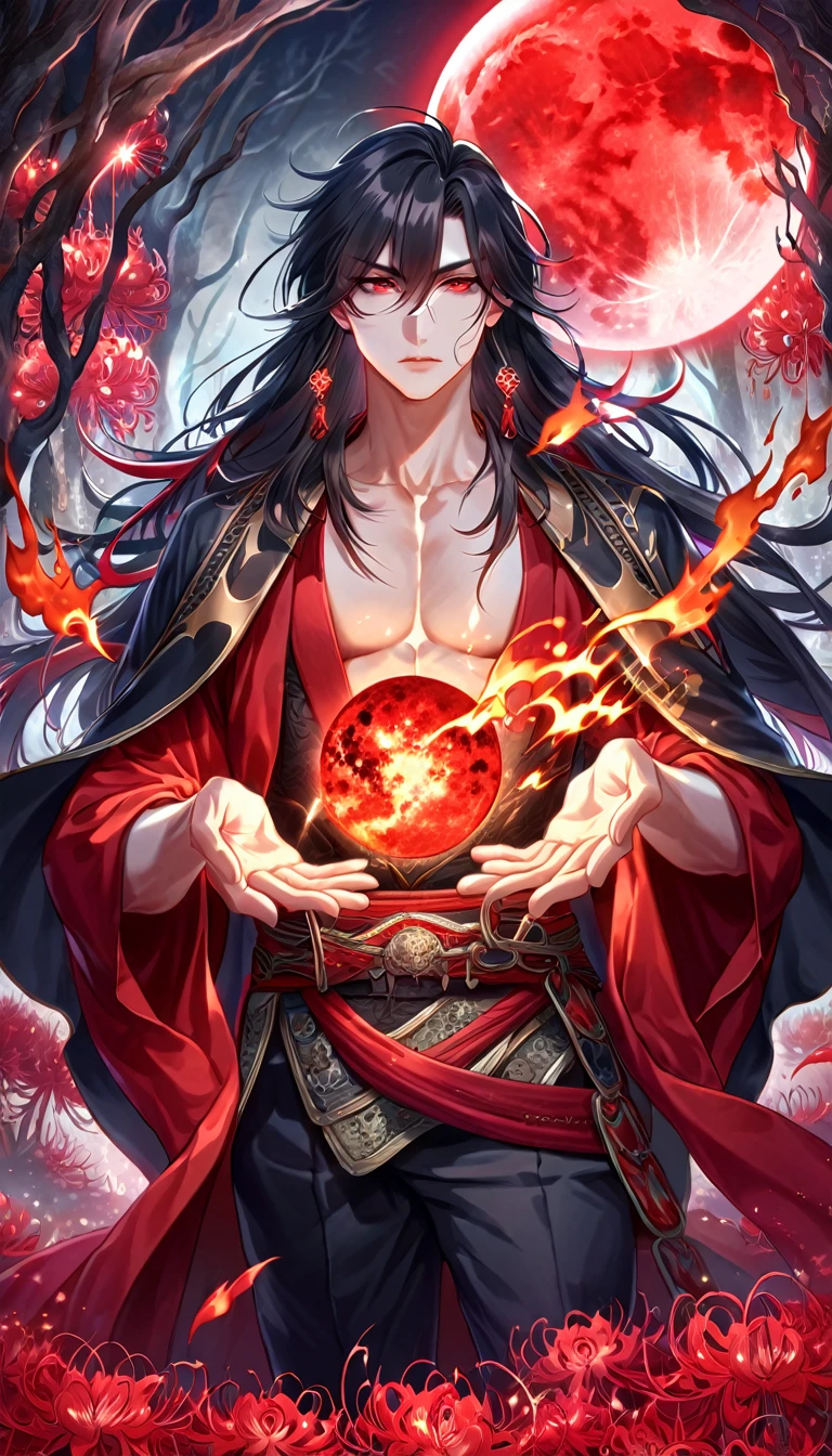 absurdres, highres, ultra detailed, HDR, master piece, best quality, extremely detailed face, delicated features, Xue Yu, untamed spiky hair, black hair, long hair, hair between the eyes, expressive red eyes, Thousand Years War, solo, sexy man, handsome, toned chest, black haori, red fantasy robes, black pants, red moon, red blood, fantasy, magic, envy magical, forest, red spider lilies, red lanterns, red fire, red floating round lights
