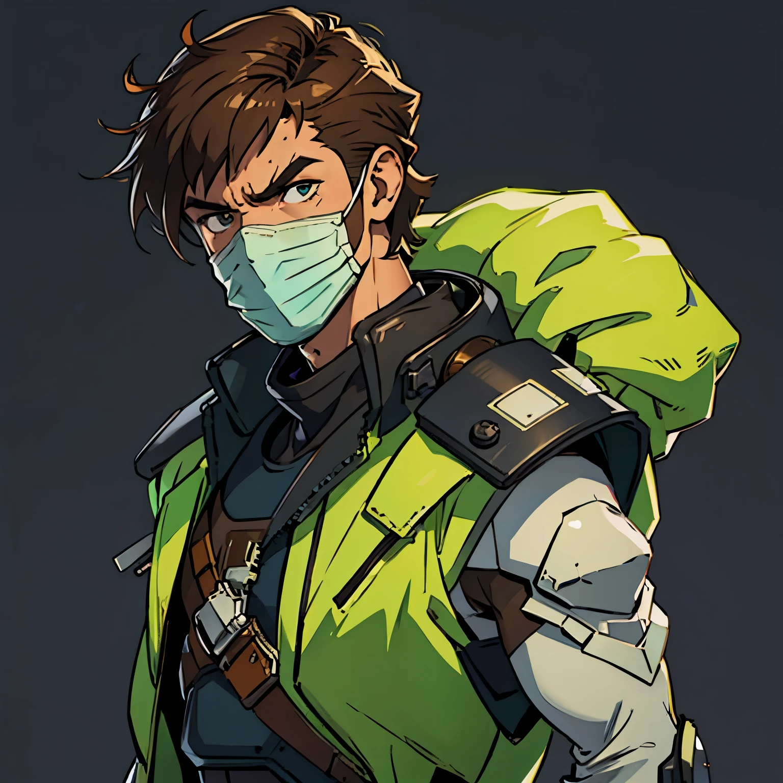 Criminal, short hair, slim, futuristic protection mask, brown hair, (angry), old and worn clothes, (simple background), plano medio