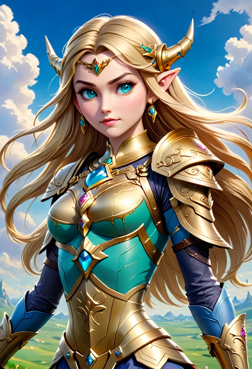 high details, best quality, 16k, [ultra detailed], masterpiece, best quality, (extremely detailed), full body, ultra wide shot, photorealistic, , fantasy art, dnd art, rpg art, realistic art, a wide angle, (((anatomically correct))) a wallpaper of an Princess Zelda, ready for battle with her mount (intense details, Masterpiece, best quality: 1.5),Princess Zelda (intense details, Masterpiece, best quality: 1.5), ultra detailed face, ultra feminine, fair skin, exquisite beauty, gold hair, long hair, wavy hair, small pointed ears, dynamic eyes color, wearing heavy mech armor, shinning metal, armed with elven sword, green meadows, blue skies background and some clouds background depth of field (intricate details, Masterpiece, best quality: 1.5), full body (intricate details, Masterpiece, best quality: 1.5), high details, best quality, highres, ultra wide angle, Mechanical Creatures