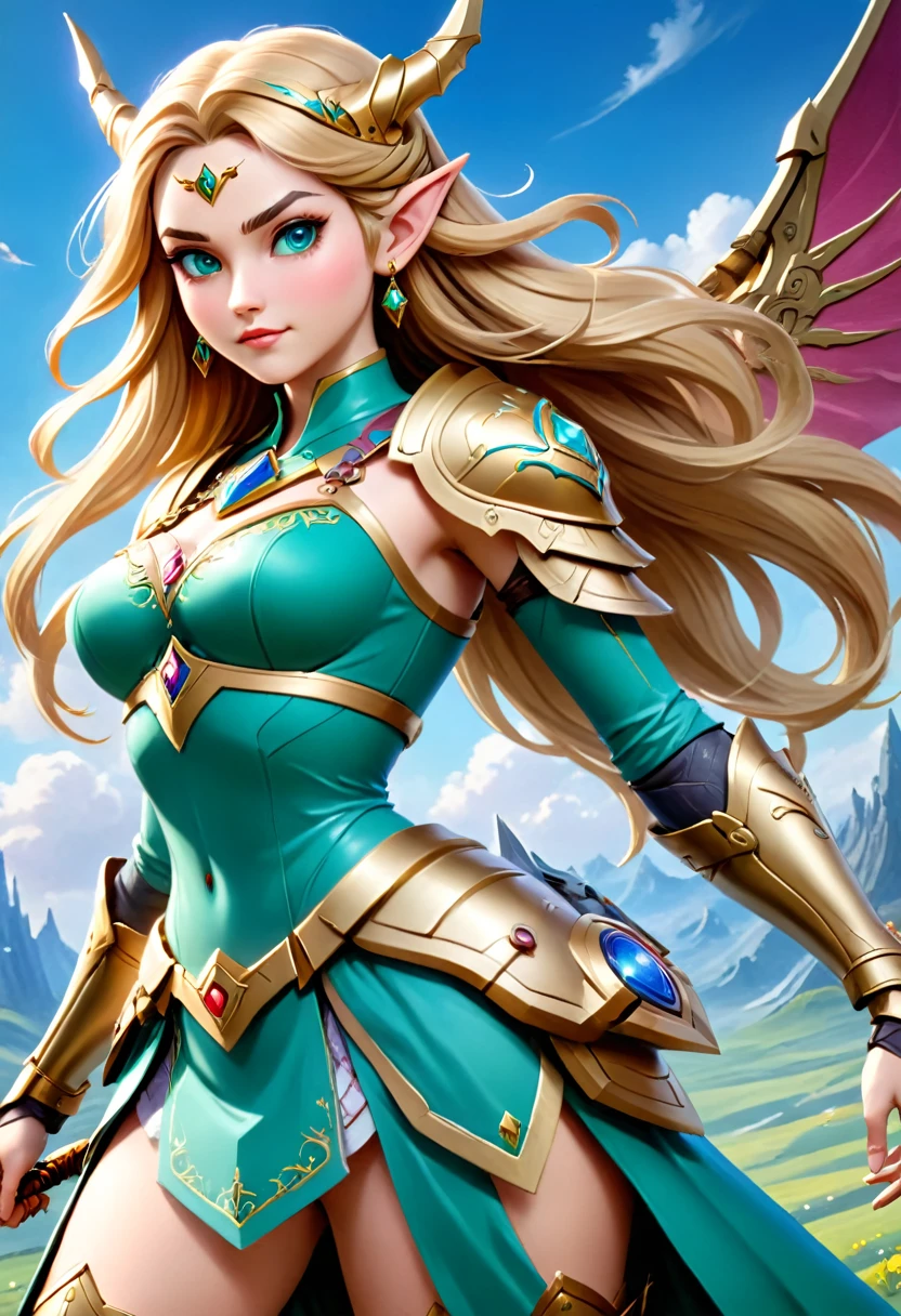high details, best quality, 16k, [ultra detailed], masterpiece, best quality, (extremely detailed), full body, ultra wide shot, photorealistic, , fantasy art, dnd art, rpg art, realistic art, a wide angle, (((anatomically correct))) a wallpaper of an Princess Zelda, ready for battle with her mount (intense details, Masterpiece, best quality: 1.5),Princess Zelda (intense details, Masterpiece, best quality: 1.5), ultra detailed face, ultra feminine, fair skin, exquisite beauty, gold hair, long hair, wavy hair, small pointed ears, dynamic eyes color, wearing heavy mech armor, shinning metal, armed with elven sword, green meadows, blue skies background and some clouds background depth of field (intricate details, Masterpiece, best quality: 1.5), full body (intricate details, Masterpiece, best quality: 1.5), high details, best quality, highres, ultra wide angle, Mechanical Creatures