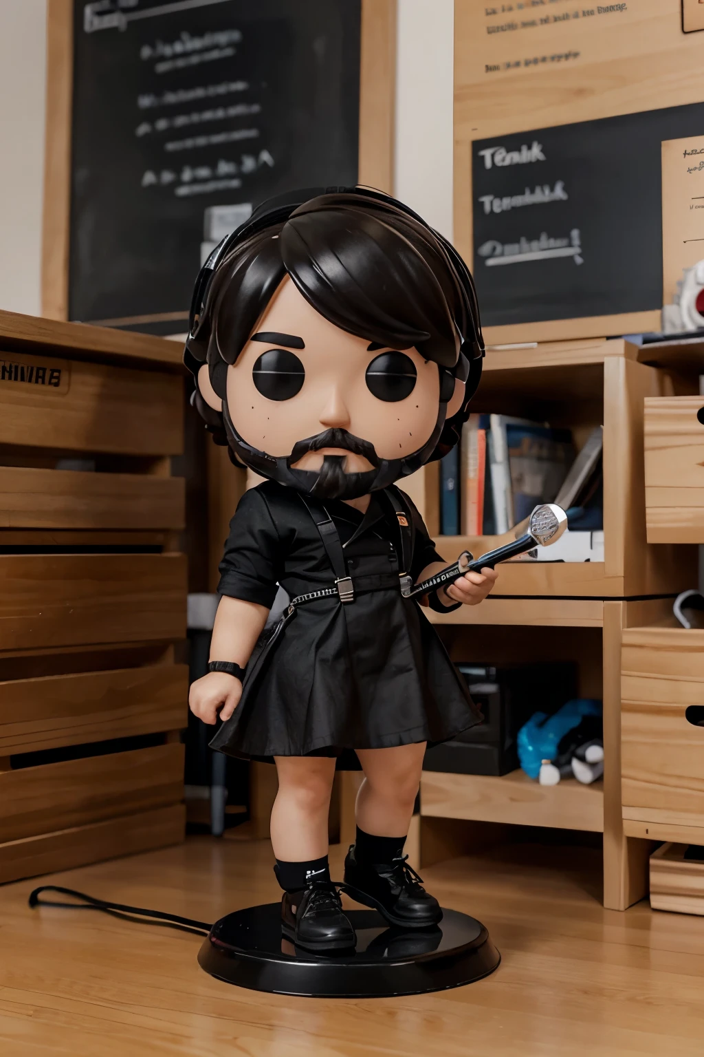 Create a funko pop that has a beard, what a teacher dress, young technical appearance.