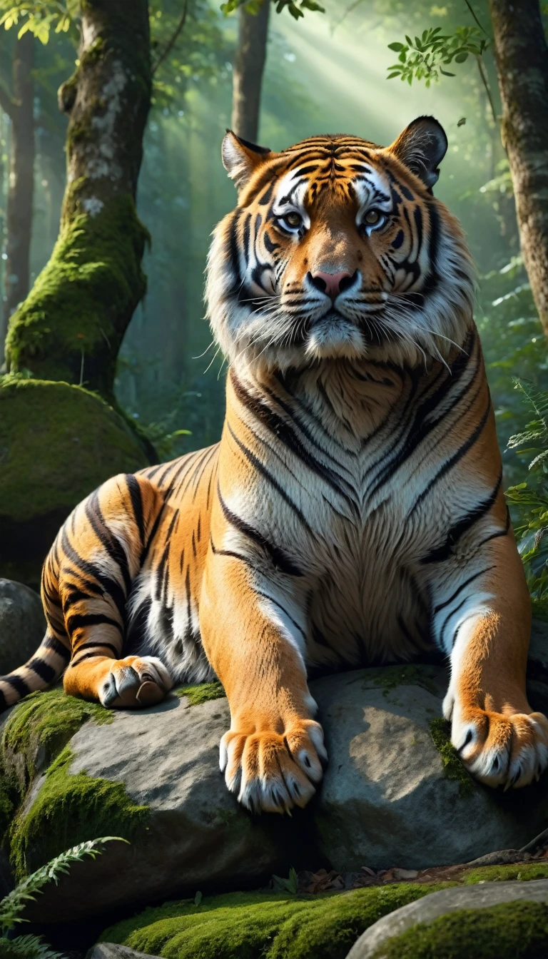 Panorama，A wild beast is sitting on a rock in the forest，The tail of the cow，The body of a tiger（best quality，4K，8K，High level，masterpiece：1.2），Ultra Detailed，（lifelike，Photo real，Photo real：1.37），Highly detailed animals，Complex patterns，Realistic lighting，Fantasy Creatures