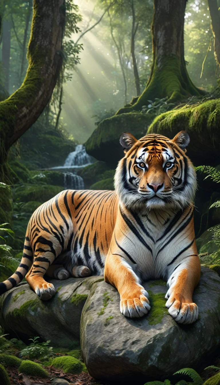 Panorama，A wild beast is sitting on a rock in the forest，The tail of the cow，The body of a tiger（best quality，4K，8K，High level，masterpiece：1.2），Ultra Detailed，（lifelike，Photo real，Photo real：1.37），Highly detailed animals，Complex patterns，Realistic lighting，Fantasy Creatures