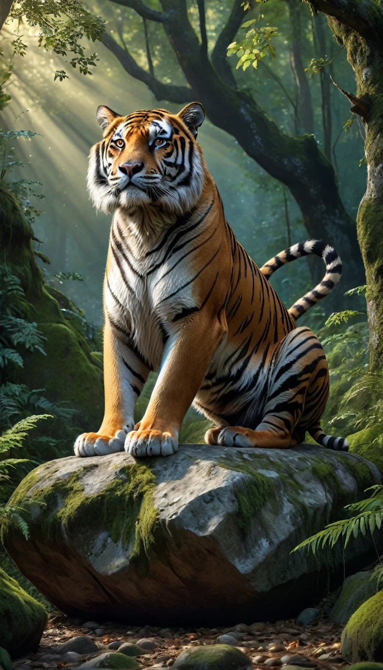 Panorama，A wild beast is sitting on a rock in the forest，The tail of the cow，The body of a tiger（best quality，4K，8K，High level，masterpiece：1.2），Ultra Detailed，（lifelike，Photo real，Photo real：1.37），Highly detailed animals，Complex patterns，Realistic lighting，Fantasy Creatures