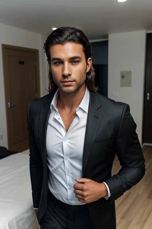 Handsome Man 36, lean muscular body, tan skin olive, his eyes are blue, 1.90m, his hair is dark brown with natural waves that flow down his shoulders, a little stubble unshaved, wearing a black suit, white shirt, digital AI