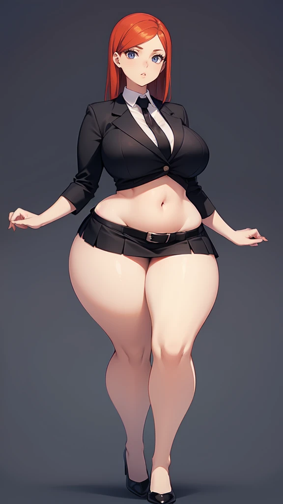 blank background, (((full body))), (masterpiece), ((best quality)), ((tall girl)), straight hair (curvy:1.6), (short skirt), shoes, belt below navel, redhead hair,, (black suit and tie), wide hips