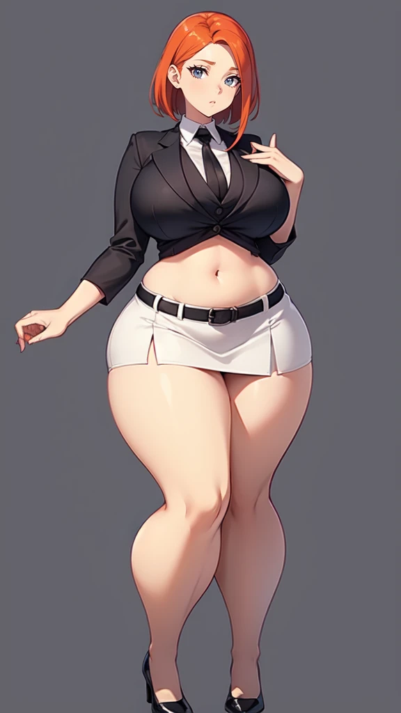 blank background, (((full body))), (masterpiece), ((best quality)), ((tall girl)), straight hair (curvy:1.6), (short skirt), shoes, belt below navel, redhead hair,, (black suit and tie), wide hips