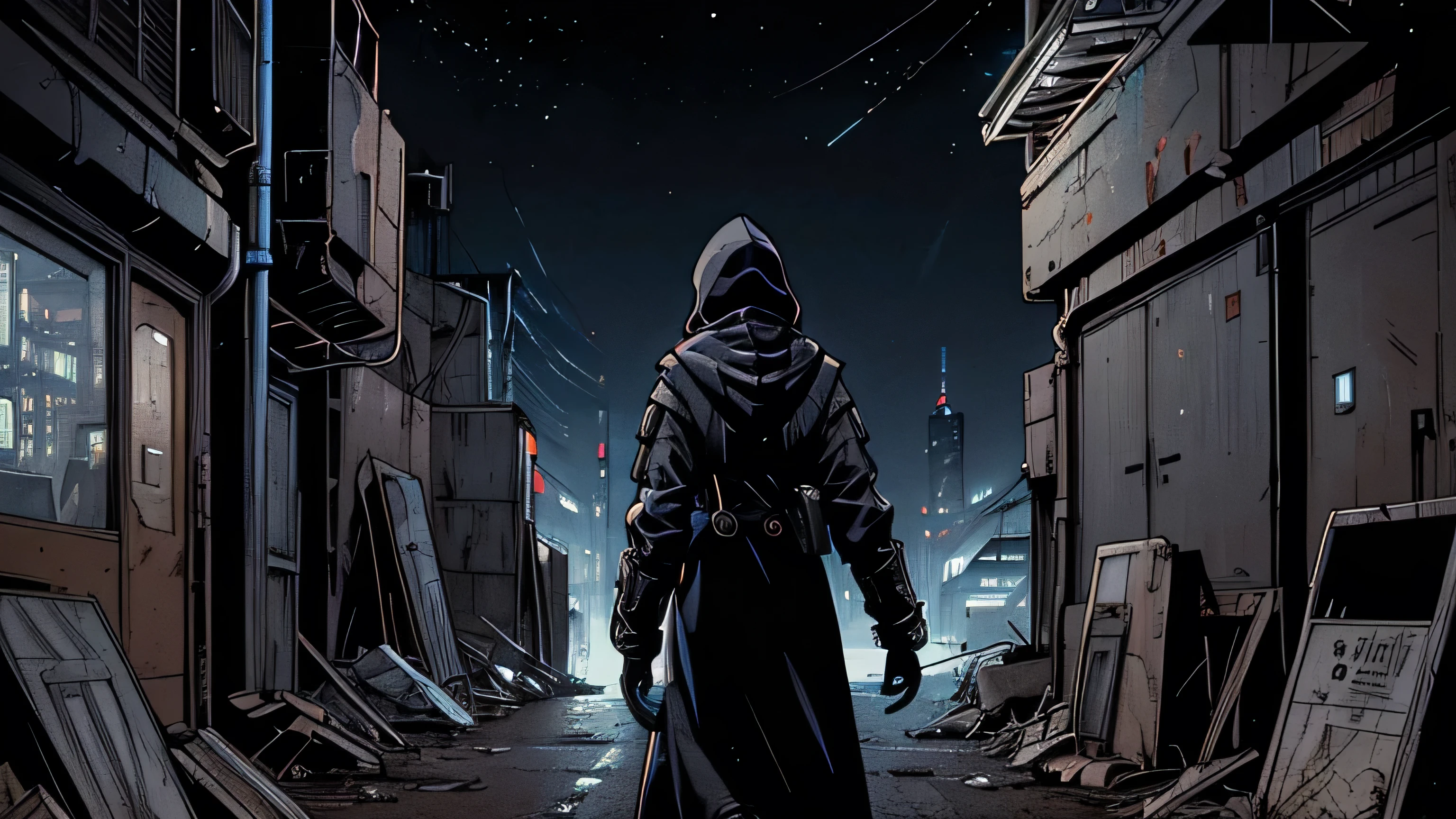 (view plan from behind) (night time scene)(((Raby))) (futuristic cyberpunk) a woman in a coat with the hood up. she has a gray backpack on her back and is walking in a cramped industrial alley covered in dirt, night time scene, it's raining.