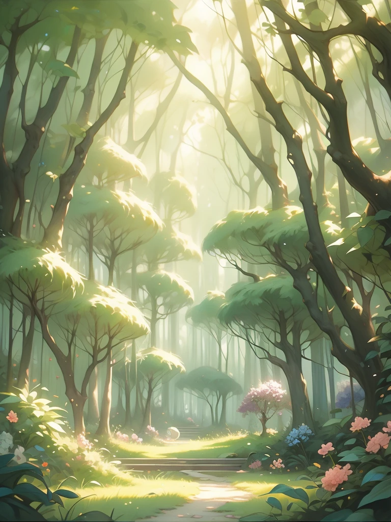 a painting of a forest with flowers and trees, enchanted magical fantasy forest, magic fairy forest, magical fantasy forest, enchanted and magic forest, in a magical forest, fairytale forest, magical forest, very magical and dreamy, fairy forest, magic forest, in the magical forest, fantasy forest, enchanted forest, magical environment, lush fairy forest, magical forest in the background