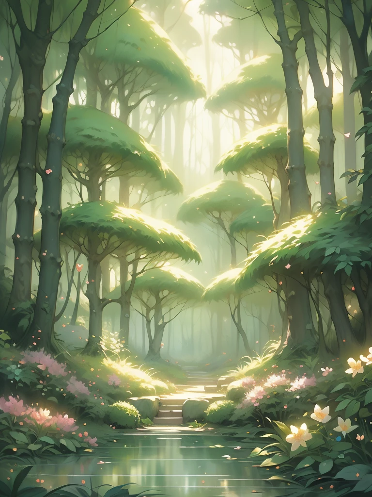 a painting of a forest with flowers and trees, enchanted magical fantasy forest, magic fairy forest, magical fantasy forest, enchanted and magic forest, in a magical forest, fairytale forest, magical forest, very magical and dreamy, fairy forest, magic forest, in the magical forest, fantasy forest, enchanted forest, magical environment, lush fairy forest, magical forest in the background