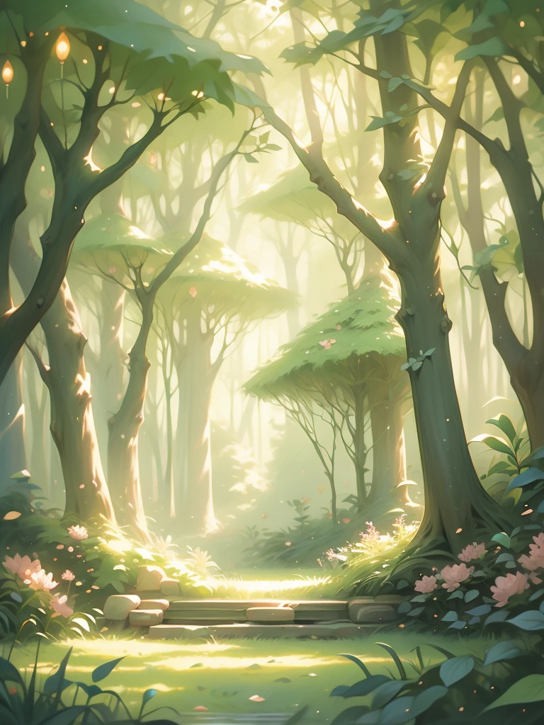 a painting of a forest with flowers and trees, enchanted magical fantasy forest, magic fairy forest, magical fantasy forest, enchanted and magic forest, in a magical forest, fairytale forest, magical forest, very magical and dreamy, fairy forest, magic forest, in the magical forest, fantasy forest, enchanted forest, magical environment, lush fairy forest, magical forest in the background