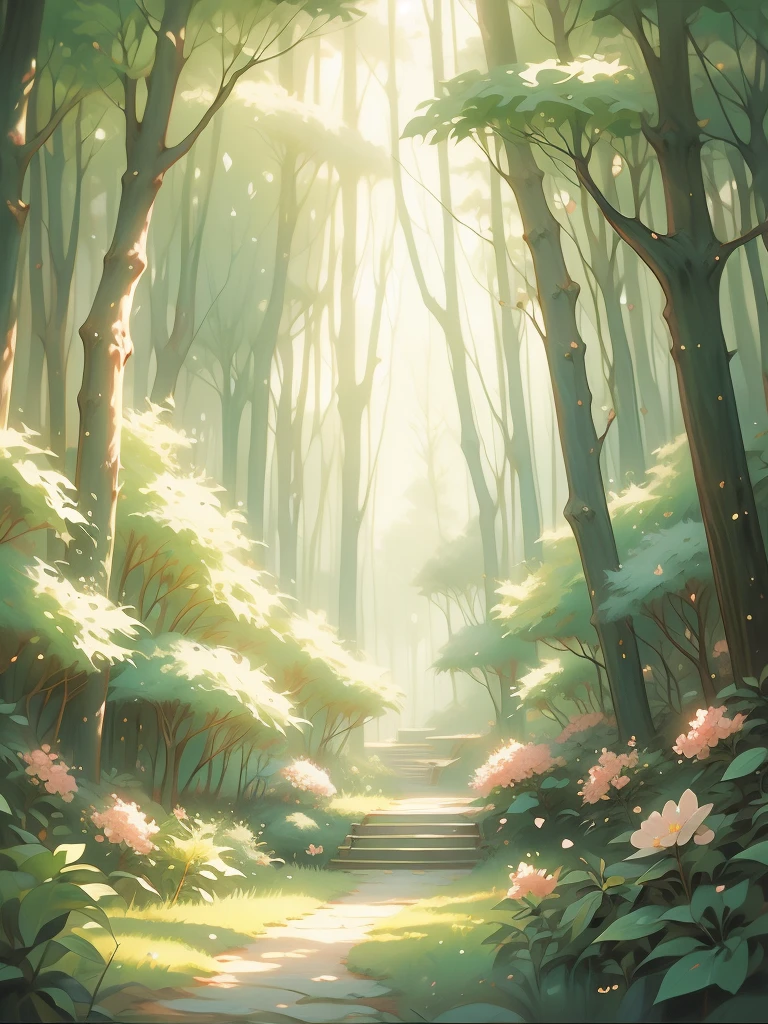 a painting of a forest with flowers and trees, enchanted magical fantasy forest, magic fairy forest, magical fantasy forest, enchanted and magic forest, in a magical forest, fairytale forest, magical forest, very magical and dreamy, fairy forest, magic forest, in the magical forest, fantasy forest, enchanted forest, magical environment, lush fairy forest, magical forest in the background