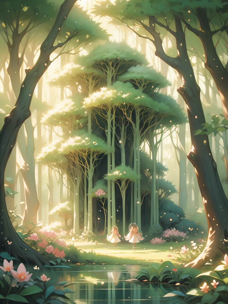 a painting of a forest with flowers and trees, enchanted magical fantasy forest, magic fairy forest, magical fantasy forest, enchanted and magic forest, in a magical forest, fairytale forest, magical forest, very magical and dreamy, fairy forest, magic forest, in the magical forest, fantasy forest, enchanted forest, magical environment, lush fairy forest, magical forest in the background
