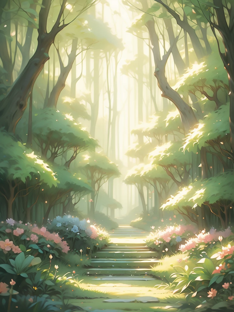 a painting of a forest with flowers and trees, enchanted magical fantasy forest, magic fairy forest, magical fantasy forest, enchanted and magic forest, in a magical forest, fairytale forest, magical forest, very magical and dreamy, fairy forest, magic forest, in the magical forest, fantasy forest, enchanted forest, magical environment, lush fairy forest, magical forest in the background