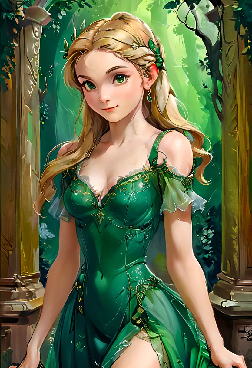 aa masterful best quality, award winning masterpiece, oil painting portrait done by Michelangelo of Princess Zelda, ((anatomically correct: 1.5)), (small pointed ears: 1.1), wearing intricate glamour green elven dress, elven forest background background, Ultra-high resolution, High Contrast, (masterpiece:1.5), highest quality, Best aesthetics), best details, best quality, highres, 16k, [ultra detailed], masterpiece, best quality, (extremely detailed), chumbasket art style, style of Michelangelo Buonarroti, evening dress, oil painting