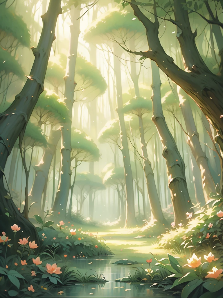 a painting of a forest with flowers and trees, enchanted magical fantasy forest, magic fairy forest, magical fantasy forest, enchanted and magic forest, in a magical forest, fairytale forest, magical forest, very magical and dreamy, fairy forest, magic forest, in the magical forest, fantasy forest, enchanted forest, magical environment, lush fairy forest, magical forest in the background