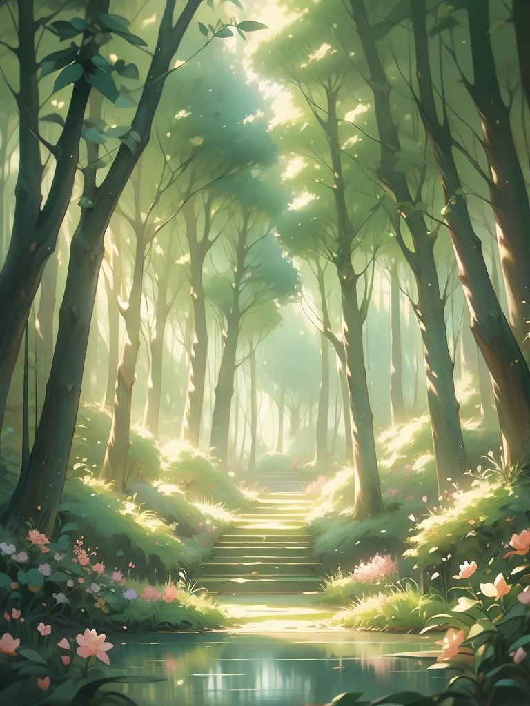 a painting of a forest with flowers and trees, enchanted magical fantasy forest, magic fairy forest, magical fantasy forest, enchanted and magic forest, in a magical forest, fairytale forest, magical forest, very magical and dreamy, fairy forest, magic forest, in the magical forest, fantasy forest, enchanted forest, magical environment, lush fairy forest, magical forest in the background