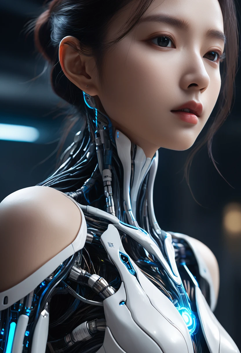 8K, high details,RAW Photos, best quality, highres, super detail, uhd, accurate, masterpiece, 16K, 1080P、Made by an advanced civilization、With technology that humans cannot even imagine,、Like a humanoid machine、An organic body、It looks both beautiful and terrifying、It shines faintly like veins running.、Artificial Life Forms、