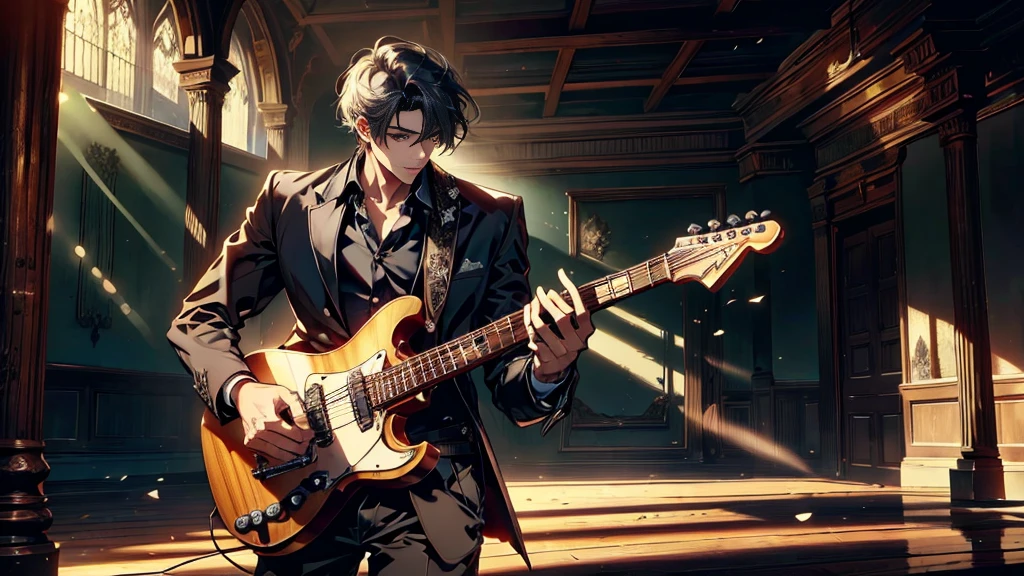 "best quality , High quality , The best details ,Portrait of a passionate guitarist,father, in the bedroom,A place where sunlight shines through , Create a play of light and shadow.. Guitarist holding a wooden guitar, inside the room, striking black shirt. Mesmerizing performance moments, Musicians immerse themselves in music.,beautiful sky,a young man,short hairstyle,(black short hair),handsome, blue eyes, handsome, father,Wear a wedding ring on the finger.