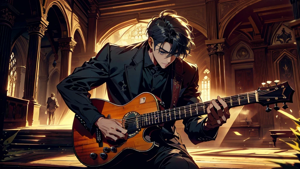 "best quality , High quality , The best details ,Portrait of a passionate guitarist,father, in the bedroom,A place where sunlight shines through , Create a play of light and shadow.. Guitarist holding a wooden guitar, inside the room, striking black shirt. Mesmerizing performance moments, Musicians immerse themselves in music.,beautiful sky,a young man,short hairstyle,(black short hair),handsome, blue eyes, handsome, father,Wear a wedding ring on the finger.