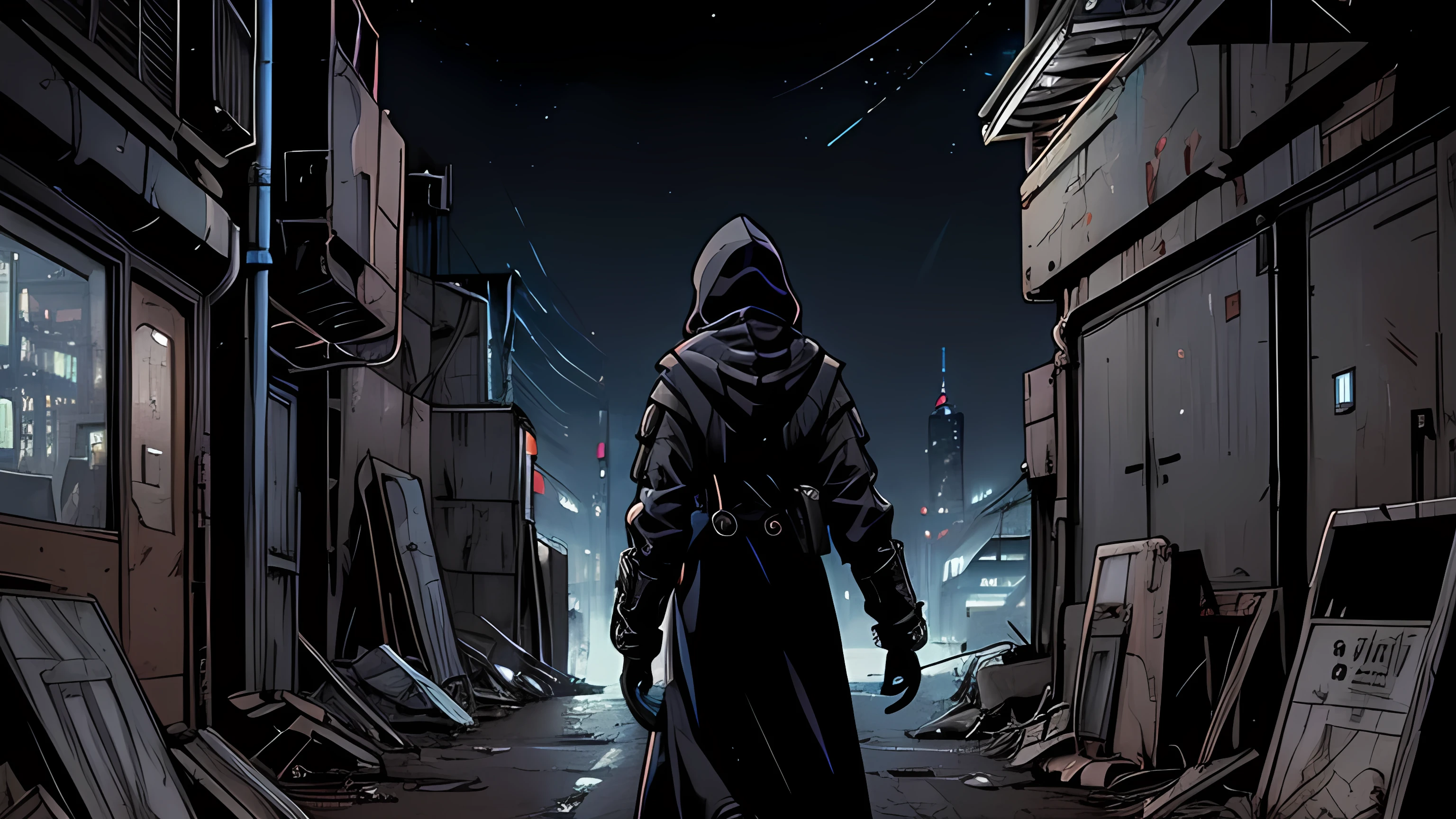 (view plan from behind) (night time scene)(((Raby))) (futuristic cyberpunk) a woman in a coat with the hood up. she has a gray backpack on her back and is walking in a cramped industrial alley covered in dirt, night time scene, it's raining.