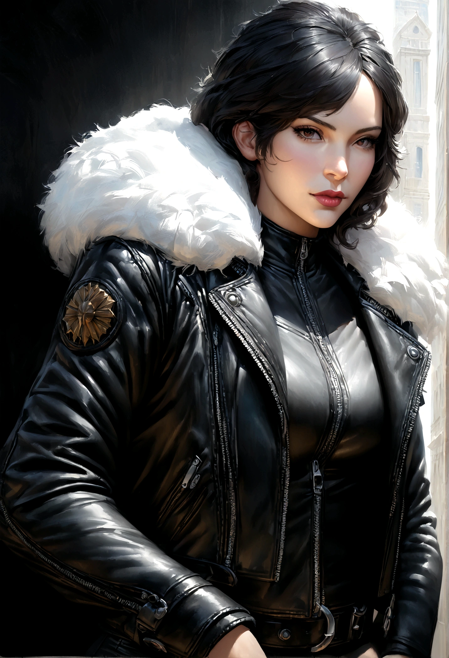 wife, photo in sportswear leather jacket with fur trim,  manches longues, Jean noir, volumetric lighting, athletic, best quality, head of&#39;artwork, intricate details, mappage de tons, sharpness, super detailed, tendance sur artstation, regarder le spectateur, realistic 