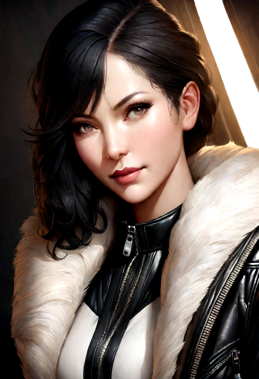 wife, photo in sportswear leather jacket with fur trim, manches longues, Jean noir, volumetric lighting, athletic, best quality, head of'artwork, intricate details, mappage de tons, sharpness, super detailed, tendance sur artstation, regarder le spectateur, realistic