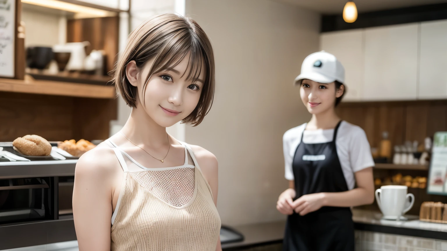 super high quality, Slenderのネックレス, Slender, Gravure photoshoot, The staff is working at the counter in the back., (8K、RAW Photos、Highest quality、masterpiece:1.2), Japanese Idol, Sportswear, Stylish café, The cafe is crowded with people enjoying themselves., (Realistic、Photorealistic:1.37), Mesh Hair, Wearing a cap, Urban Cafe, Golden Ratio, Raw photo, Cute face , Light Brown Hair, Small breasts, Bright cafe interior, Summer clothes, Cafe Terrace, Open Cafe, A kind smile, Hair blowing in the wind, Neat clothes, boyish, Very Short Hair, 18-year-old, younger sister, Stylish clothes,