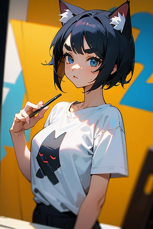 anime style, super fine illustration, highly detailed, dynamic angle, beautiful detailed, 8K, On a summer afternoon, in a photography studio, BREAK a female model is singing in front of the camera. She is wearing a white T-shirt with a graffiti art-style cat illustration.blackhair,short hair,Thick eyebrows,Cat ear girl,